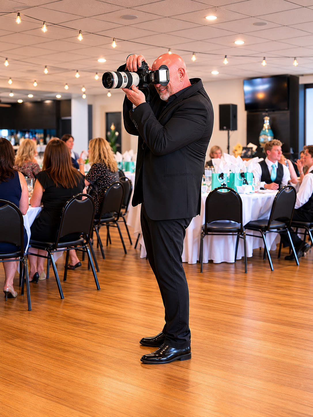 Matt photographing an event with a Canon camera and flash